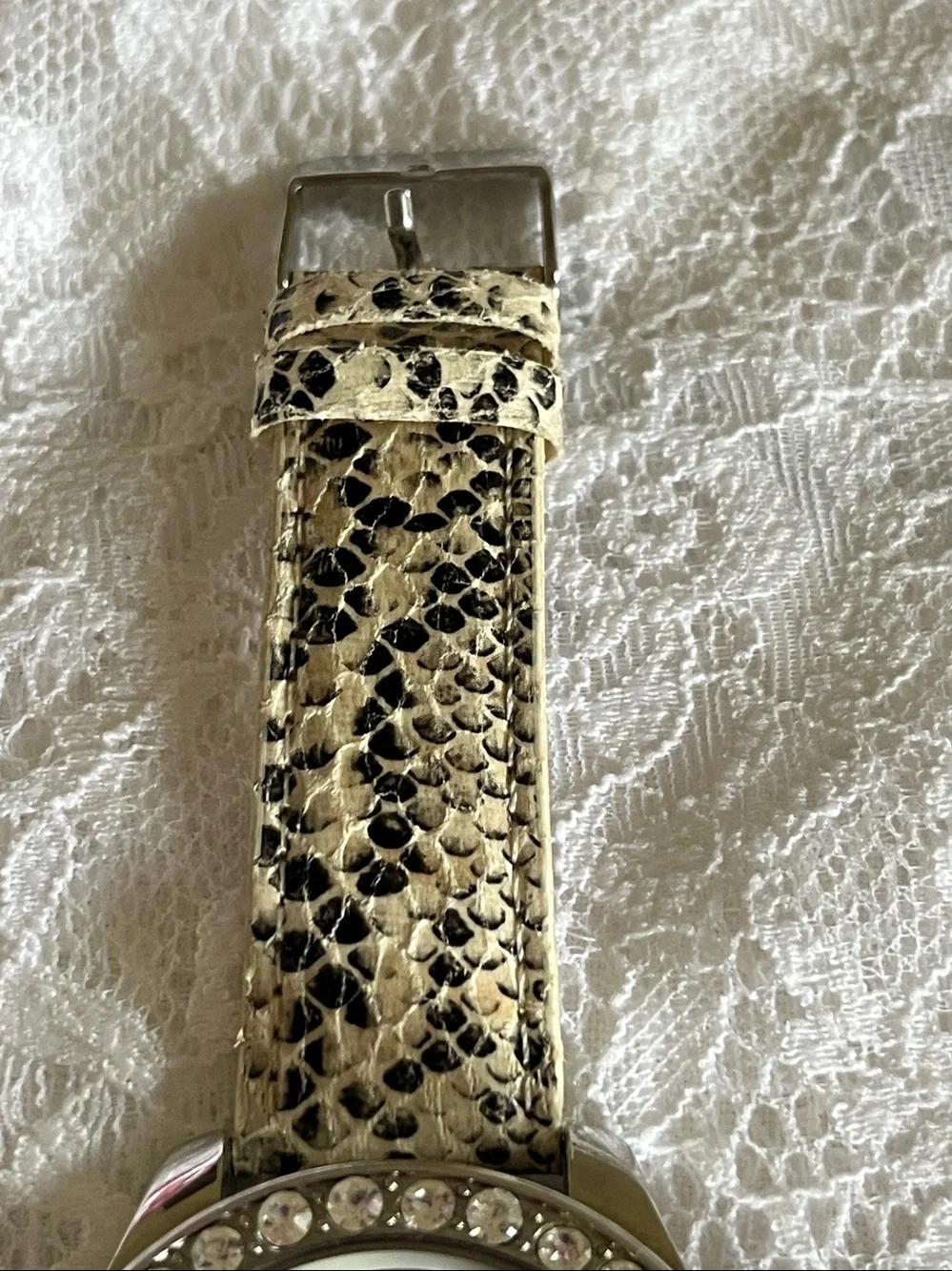 Crystal Bezel Fashion Quartz Watch - Snake Print Band